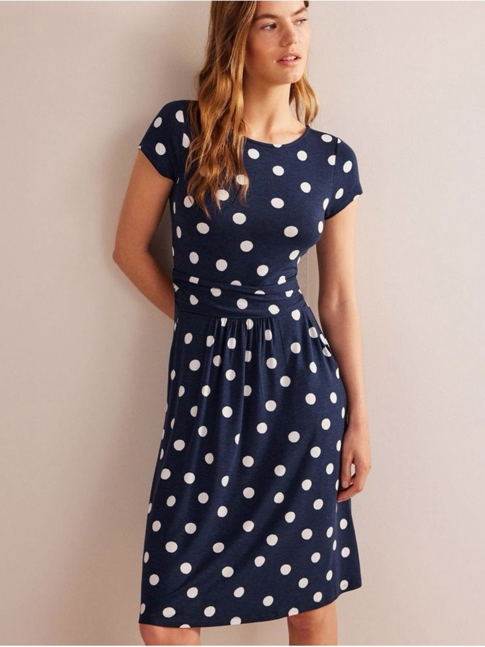 Boden Amelie Dress Navy Blue Polka Dot Soft Jersey